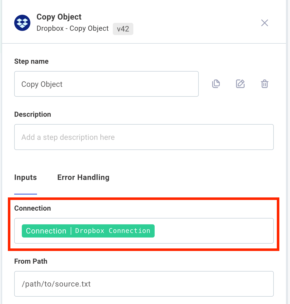 Assign connection config variable to flow step